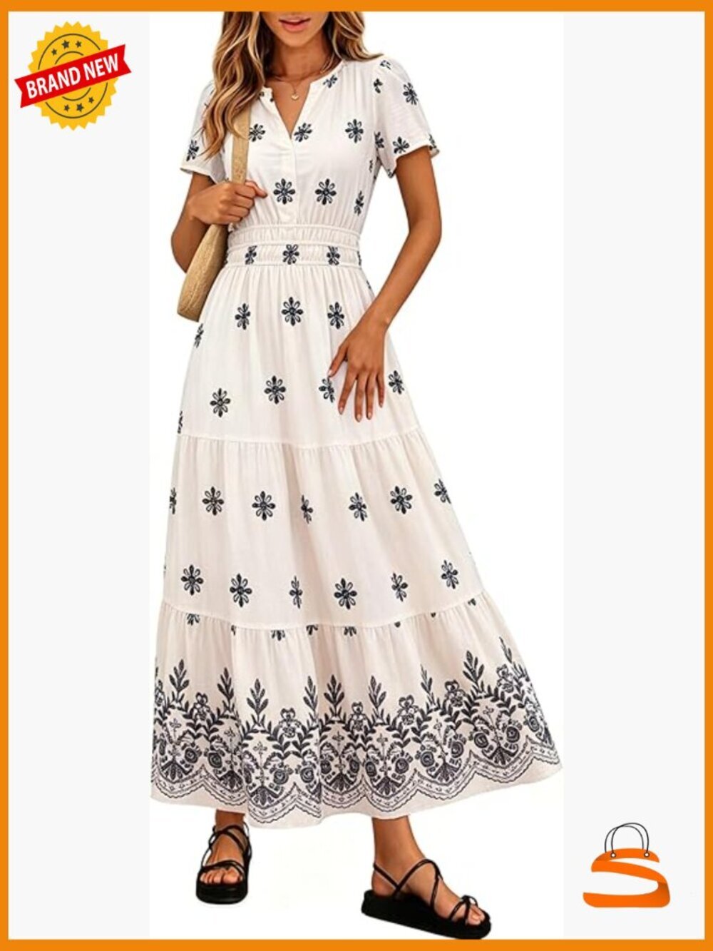 Boho Maxi Dress Floral V-Neck Tiered Short Sleeve Wedding Guest
